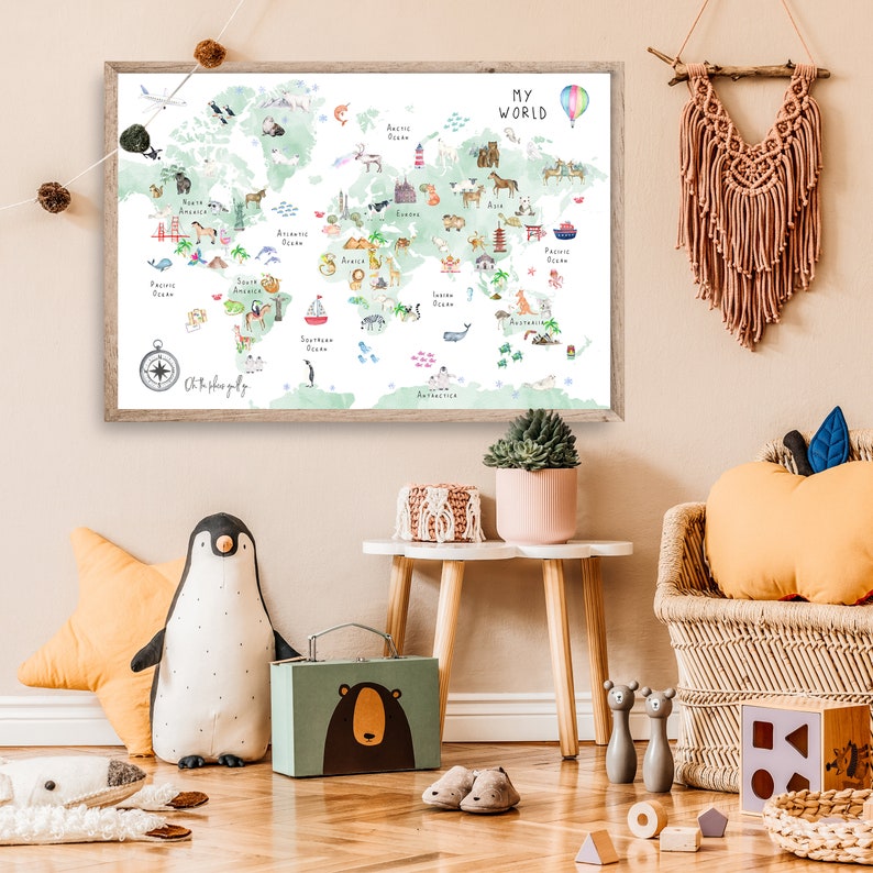 Green World Map Nursery Wall Art Kids World Map Poster Large Etsy
