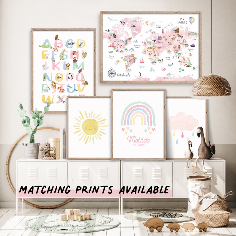 Pink World Map Nursery Wall Art Kids World Map Poster Large Etsy UK