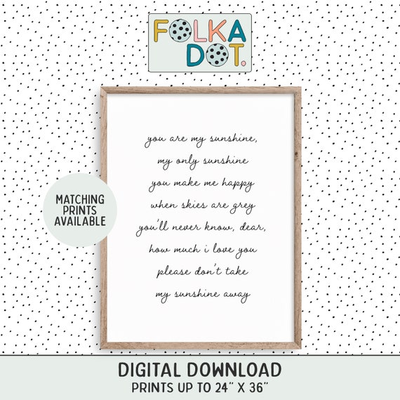 You Are My Sunshine Lyrics Nursery Digital Art Print 