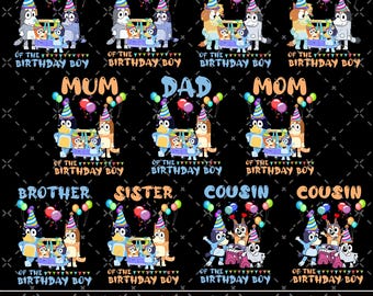 Bluey Geburtstagskind, Mama des Geburtstagskindes, Papa des Geburtstagskindes, Schwester des Geburtstagskindes, Bruder des Geburtstagskindes
