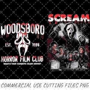 May include: Black graphic design featuring the word "SCREAM" in red dripping letters, and a collage of characters from the movie. The design also includes the words "WOODSBORO HORROR FILM CLUB" and the text "WHAT'S YOUR FAVORITE SCARY MOVIE?"