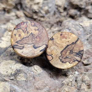 May include: Two round wooden plugs with unique grain patterns. The plugs are made of light brown wood with darker brown and black veining. The wood has a natural, organic look, and the plugs are likely for ear piercings.