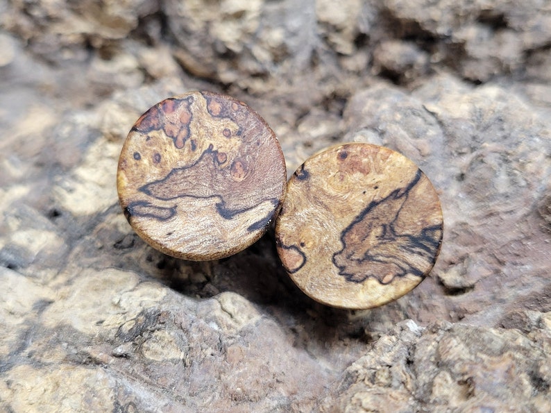 May include: Two round wooden plugs with unique grain patterns. The plugs are made of light brown wood with darker brown and black veining. The wood has a natural, organic look, and the plugs are likely for ear piercings.