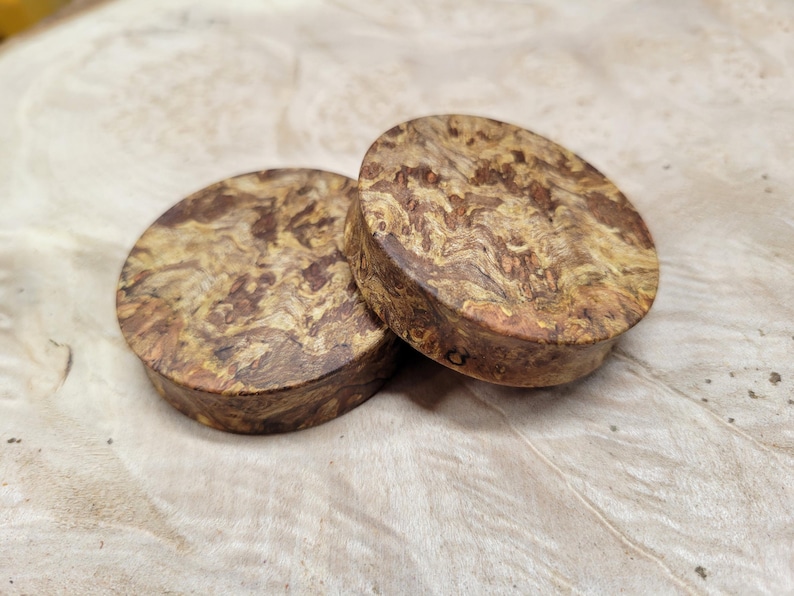 May include: Two round, wooden plugs with a natural, swirling grain pattern in shades of brown and tan. The plugs are smooth and have a slightly raised edge. These plugs are likely used for body modification.