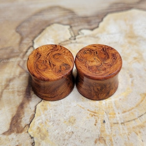 Pair of Afzelia Burl Wood Plugs Double Flare Gauges Wooden Earrings Jewelry Organic Wood Stretchers