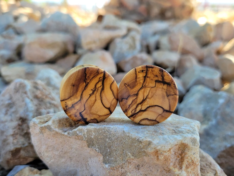 May include: Two round wooden ear gauges with a natural wood grain pattern. The gauges have a dark brown and light brown color scheme.