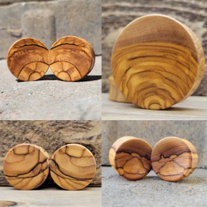 May include: A set of four wooden ear gauges, each with a unique wood grain pattern. The gauges are round and have a smooth, polished finish.