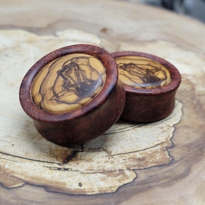 Amboyna Burl Plugs With Bethlehem Olivewood Convexed Inlays Double Flare Gauges Wood Jewelry Organic Wood 3/4&quot; - 2-3/4&quot;