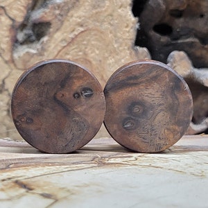 May include: A pair of brown wood ear gauges with a unique wood grain pattern. The gauges are round and have a smooth finish.