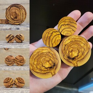 May include: A set of six wooden ear gauges in various sizes. The gauges are made of olive wood and have a natural, wood grain pattern. The gauges are round and have a smooth finish.
