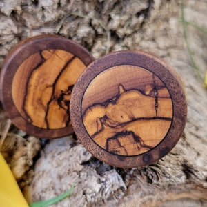 May include: Two round wooden ear gauges with a dark brown outer ring and a lighter brown inner circle. The inner circle has a unique wood grain pattern.