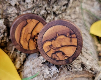 Pair of Claro Walnut Plugs Thin Border with Bethlehem Olivewood Inlay Double Flare Gauges Wooden Earrings Jewelry Oragnic Wood 1"- 2 3/4"