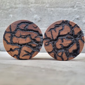 Handmade Fractal Burned Plugs Cherry Wood Double Flare Gauges Earrings Jewelry