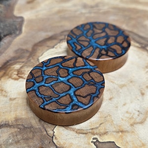 Handmade Fractal Burned Plugs Cherry Wood and Epoxy Resin Double Flare Gauges Earrings Jewelry