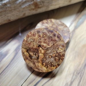May include: Two round wooden objects with a natural burl wood grain pattern. The wood features a mix of brown, tan, and reddish hues, with small, circular knots adding texture. The objects are likely decorative or functional items.