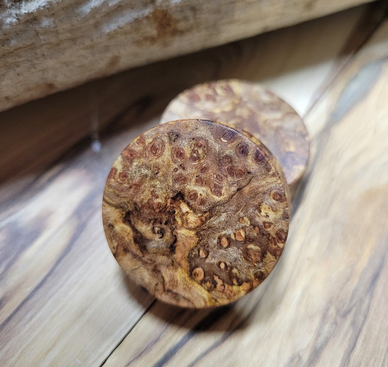 May include: Two round wooden objects with a natural burl wood grain pattern. The wood features a mix of brown, tan, and reddish hues, with small, circular knots adding texture. The objects are likely decorative or functional items.