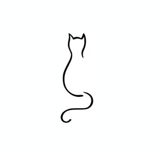 May include: A simple line drawing of a cat sitting with its tail curled around its body.