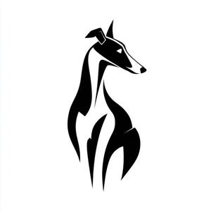 Puede incluir: Ilustración gráfica en blanco y negro de un galgo Greyhound. El perro se muestra de perfil, con un diseño estilizado y minimalista. La imagen, con un fondo blanco, resalta la elegancia de la silueta.