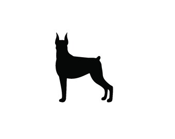 May include: Black silhouette of a Doberman Pinscher dog standing with its head turned to the side.