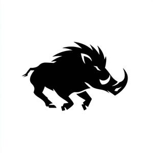 May include: A black silhouette of a running wild boar, featuring prominent tusks and spiky fur. This image is a stark, graphic design suitable for logos or visual elements. The boar is shown in motion, conveying a sense of energy and strength.