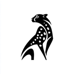 May include: A black and white graphic illustration of a cheetah in a sitting position. The cheetah's body is stylized with curved lines and white spots. The design is set against a white background.