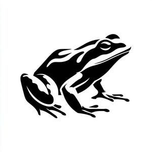 Puede incluir: Gráfico en blanco y negro de una rana de perfil. La rana está estilizada con líneas suaves y un diseño minimalista. El cuerpo de la rana tiene una serie de líneas y formas curvas. La rana está sentada sobre sus patas, lista para saltar.