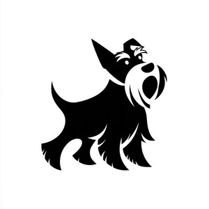 May include: A black and white illustration of a Schnauzer dog. The dog is depicted in a stylized, minimalist design, with a focus on its distinctive beard and eyebrows. The dog is facing to the side, with its tail slightly curved.