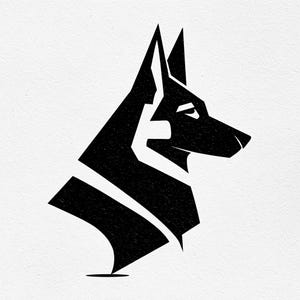 Op de afbeelding: Een zwart-wit grafische illustratie van een hondenhoofd in profiel. Het minimalistische ontwerp gebruikt geometrische vormen om de kenmerken van de hond te definiëren, waaronder oor, oog en snuit. De kop van de hond is naar rechts gericht.