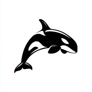 May include: A monochrome illustration of a killer whale, or orca, in a dynamic pose. The whale is rendered in black and white, showcasing its characteristic markings and dorsal fin. The background is a simple white, highlighting the whale's form.