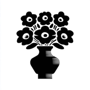 Op de afbeelding: Een zwart-wit grafische illustratie van een vaas gevuld met bloemen. De bloemen hebben afgeronde bloemblaadjes en een witte cirkel in het midden. De vaas heeft een klassieke vorm met een brede basis en een smalle hals. Het is een eenvoudig, gestileerd ontwerp.