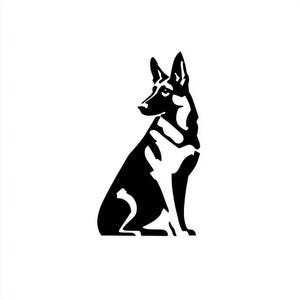 Op de afbeelding: Een zwart-wit grafische illustratie van een Duitse herdershond in een zittende positie, opzij gericht. De vacht van de hond wordt weergegeven met effen zwarte en witte vormen, waardoor een minimalistisch ontwerp op een witte achtergrond ontstaat.