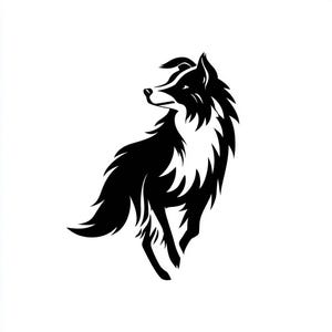 May include: A black and white illustration of a wolf in a running pose. The wolf is depicted in a stylized, graphic design with a focus on its fur and posture. The background is plain white.