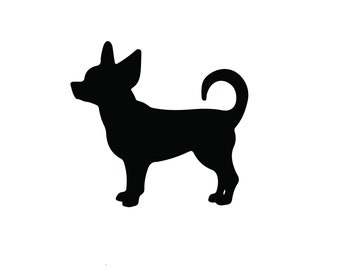 Puede incluir: Silueta negra de un perro chihuahua de pie sobre un fondo blanco.
