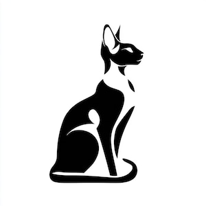 May include: A black and white graphic of a cat in a seated position, facing right. The cat's body is primarily black, with white accents on the chest and face. The design is minimalist and stylized, with clean lines and a modern aesthetic.