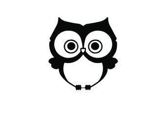 May include: Black and white cartoon illustration of an owl with large eyes.