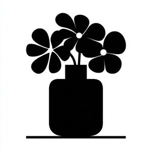 Op de afbeelding: Een zwart-wit afbeelding van een vaas met bloemen. De vaas is rechthoekig met afgeronde hoeken en staat op een plank. De bloemen hebben vijf bloemblaadjes en witte centra.