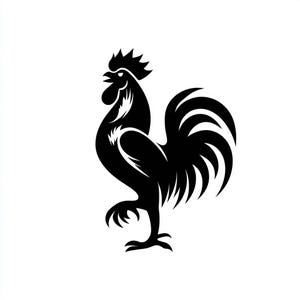 May include: A black and white illustration of a rooster in a standing pose. The rooster is depicted in a stylized, graphic design with detailed feathers and a prominent comb. The image is set against a plain white background.