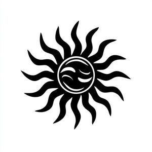 Puede incluir: Un diseño de sol en blanco y negro. El sol tiene una cara circular con los ojos cerrados y una boca sonriente. Los rayos del sol son curvos y puntiagudos, irradiando hacia afuera desde la cara central.