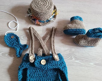 Baby Fisherman Outfit- Knit Crochet Fishing Hat and Diaper Cover with Suspenders, Boots, and Fish