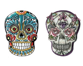 Lot of Dia Day Los Muertos Skull Patches - Logo Patch Embroidered Iron or Sew On Skeleton Halloween Patches Pastel Flowers Candy