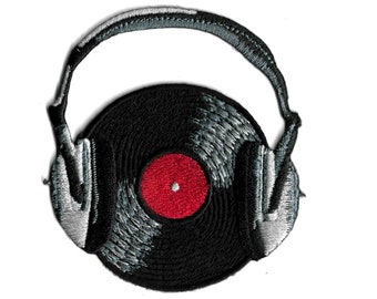 Record with Headphones Patch Logo Embroidered Iron or Sew On Classic Rock Music Patches