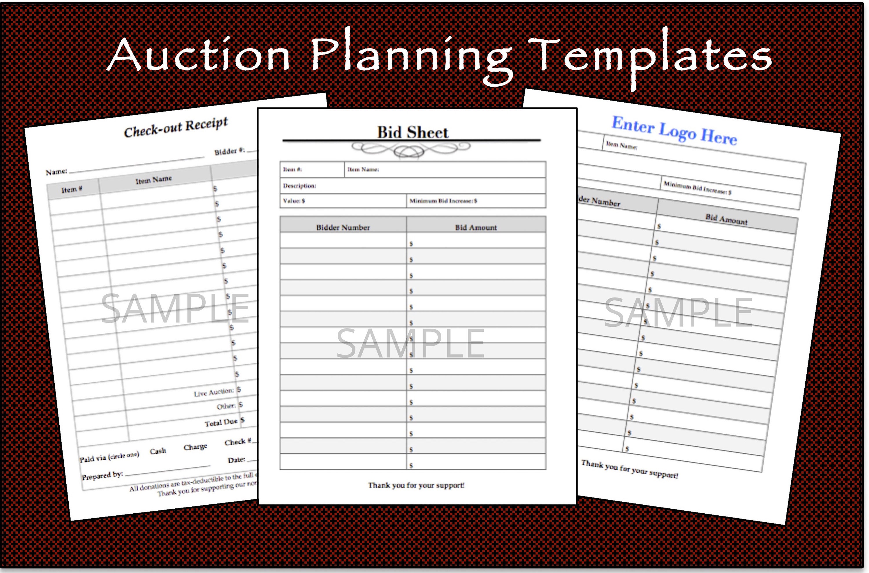 Printable Silent Auction Bid Sheet & Check-out Receipt Bundle Throughout Auction Bid Cards Template