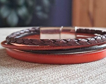 Bracelets pour femmes marron et orange – Bracelets en cuir pour femmes – Cadeau pour femmes – Idée cadeau pour elle – Bijou à offrir à une femme