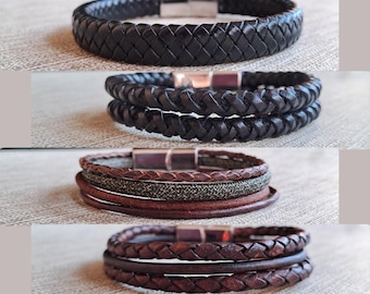Bracelet en cuir tressé – Noir ou Marron | Bracelet unisexe, cadeau minimaliste pour homme et femme / Cadeau pour lui