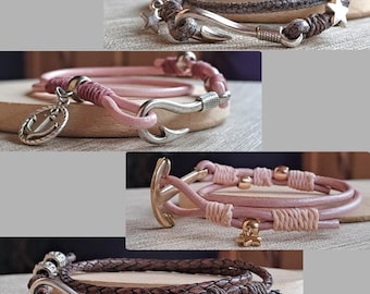 Bracelet en cuir avec fermoir ancre ou hameçon – bracelet orné d'un symbole | Cadeau pour femme - bracelet en cuir pour femme