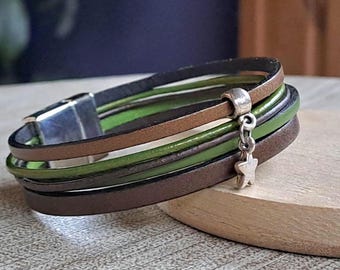 Women's Green-Brown Bracelet with Star – Leather Bracelet with Star Charm – Gift for Girlfriend, Partner or Mom – Jewelry Gift Idea