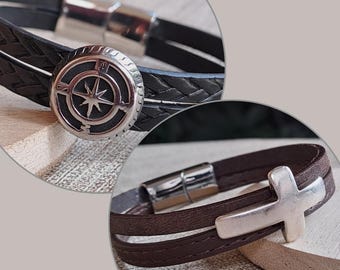 Bracelet avec boussole et croix – Bracelet unisexe noir et marron, cadeau pour homme/femme, bijou du quotidien ou pour affirmer son style.
