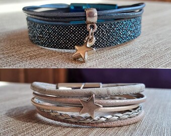 Frauenarmband Rosa / Blau, Filigranes Armband mit Stern für Damen, Geschenk für beste Freundin, Glücksbringer Armband, Lederarmband silber