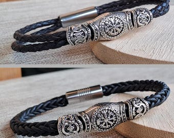 Bracelet viking pour homme, noir – Bracelet en cuir Vegvisir avec 1 ou 2 lanières | Boussole viking | Bijou viking unisexe, bijou cadeau