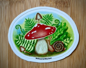 Amanita Muscaria Mushroom Sticker. High Quality, Waterproof, Vinyl Sticker. Illustrated Amanita muscaria with a charming snail companion!
